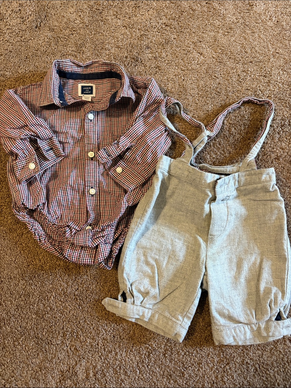 Janie and Jack Burgandy and Navy Gingham Overall Shorts Outfit